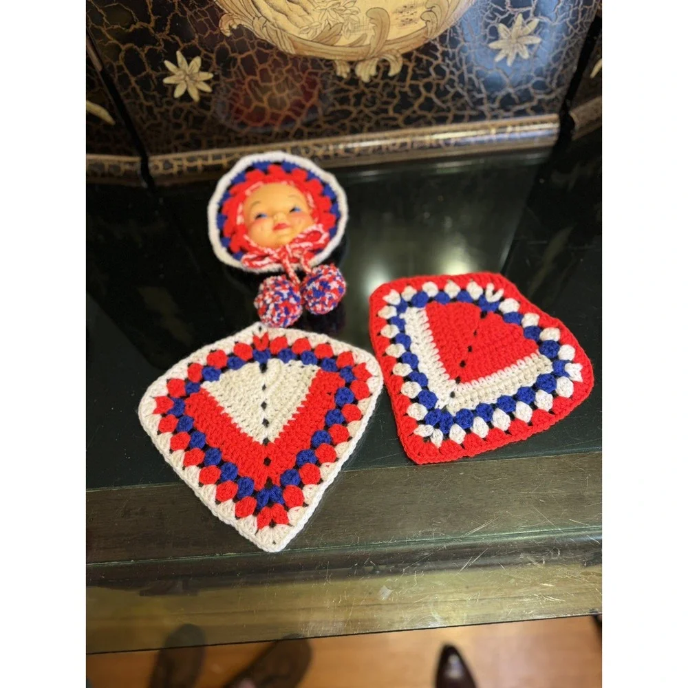 Kewpie Doll Crochet Potholder Set | Handmade Red White & Blue | Americana